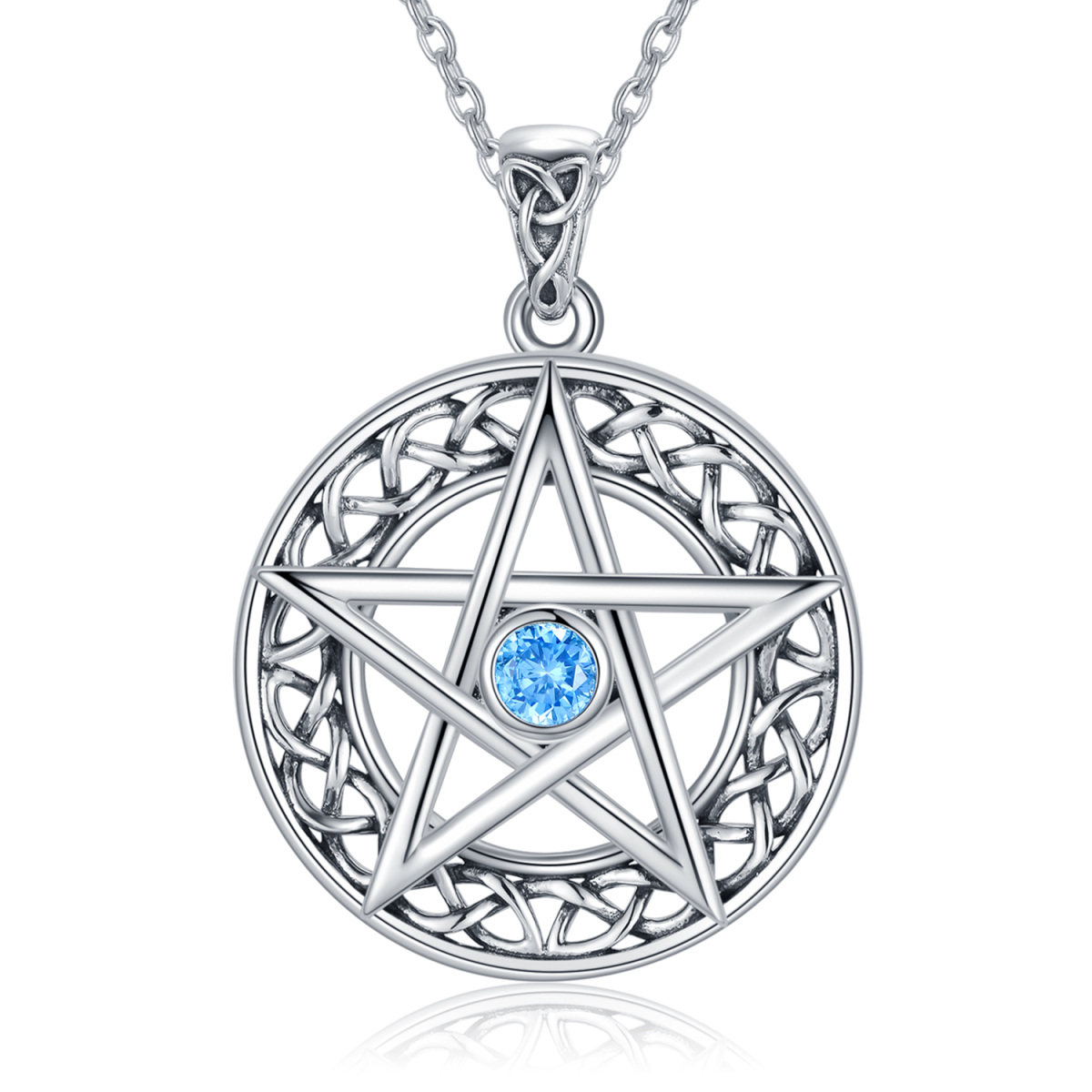Sterling Silver Circular Shaped Cubic Zirconia Celtic Knot & Pentagram Pendant Necklace-1