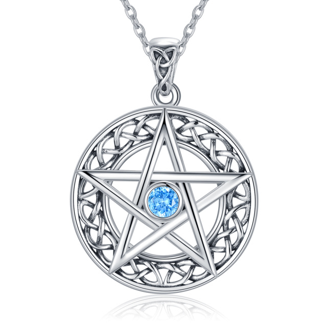 Sterling zilveren cirkelvormige kubieke zirkonia knoop en pentagram hanger ketting-1