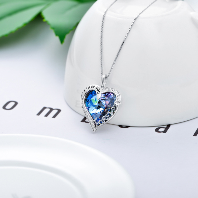 Sterling Silver Blue Heart Crystal Pendant Necklace Engraved I Love You Forever-2