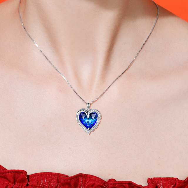 Sterling Silver Blue Heart Crystal Pendant Necklace Engraved I Love You Forever-1