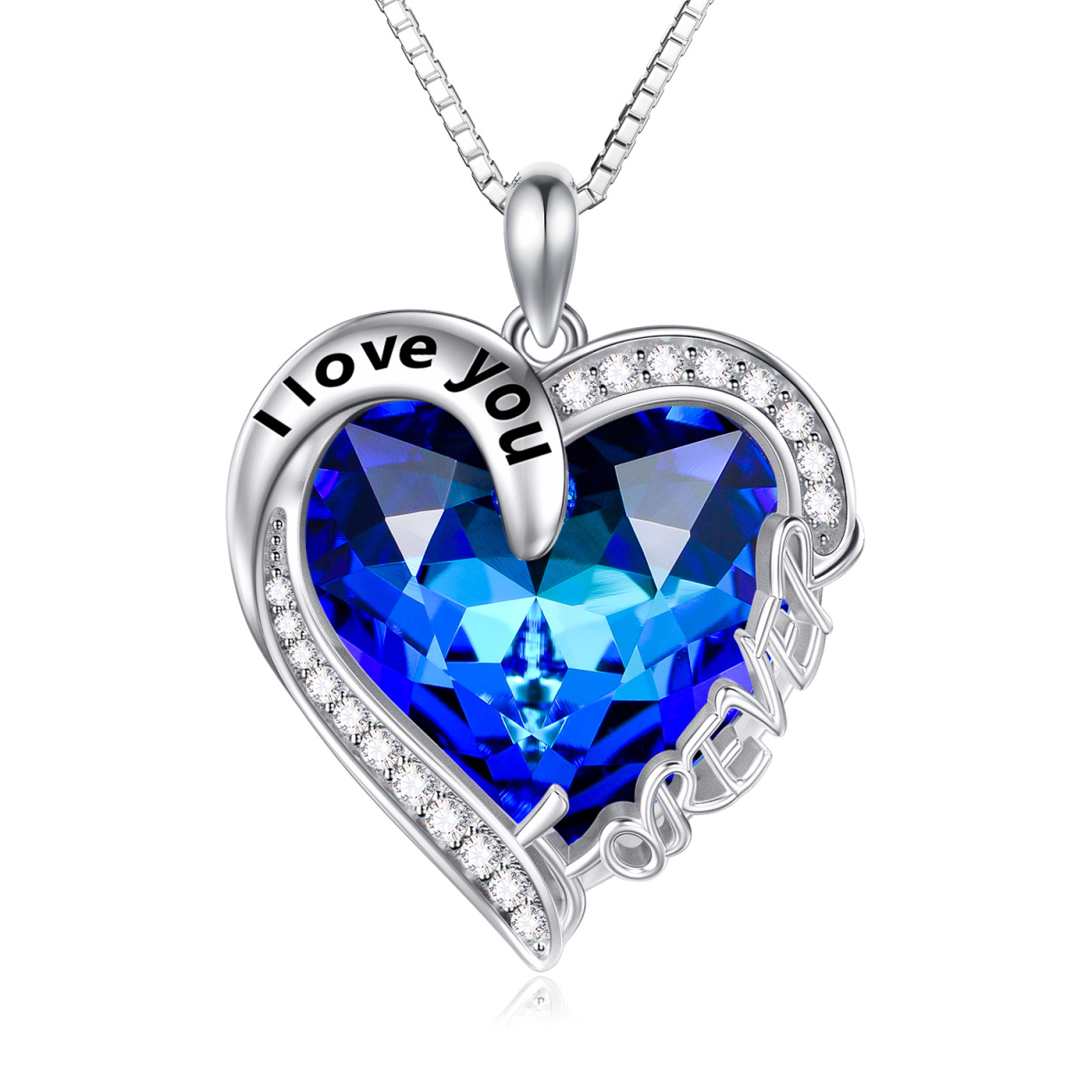 Collar colgante de plata de ley con corazón azul de cristal grabado I Love You Forever-1