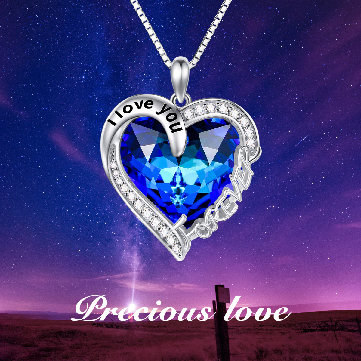 Collar colgante de plata de ley con corazón azul de cristal grabado I Love You Forever-6