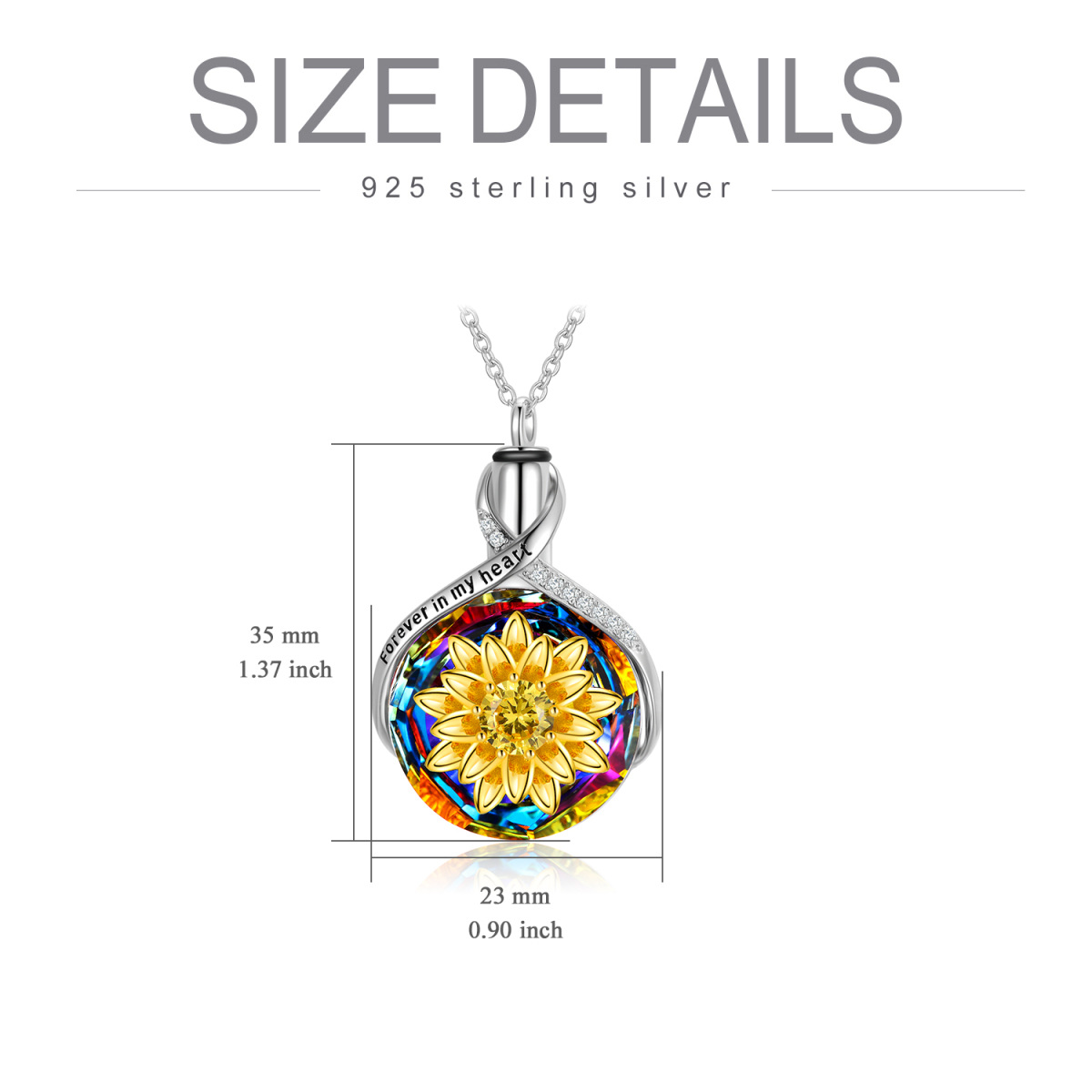 Sterling Silver Two-tone Crystal Sunflower & Infinity Symbol Urn Necklace for Ashes with Engraved Word-6