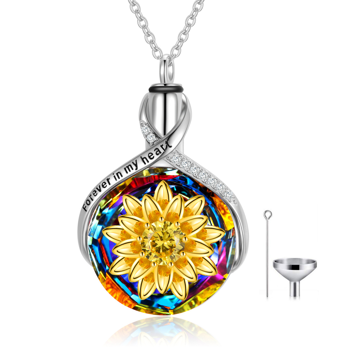 Sterling Silver Two-tone Crystal Sunflower & Infinity Symbol Urn Necklace for Ashes with Engraved Word-1