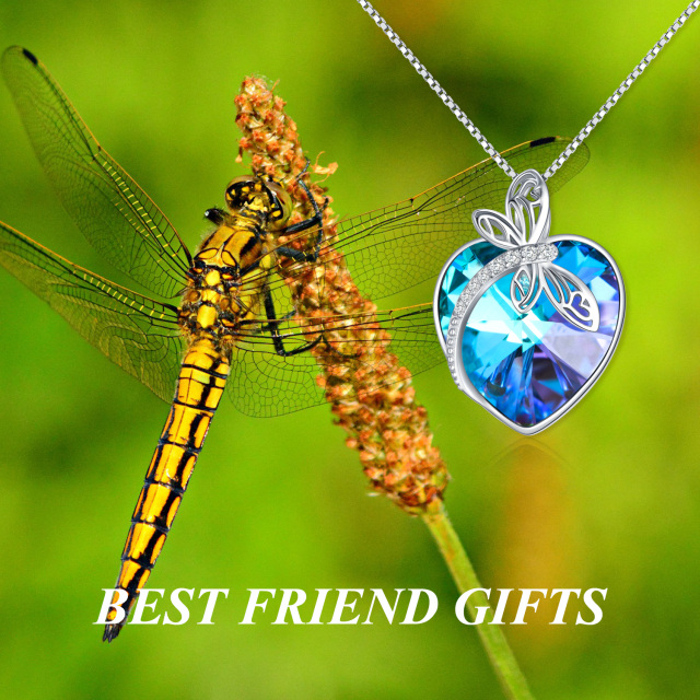 Sterling Silver Heart Shaped Dragonfly & Heart Crystal Pendant Necklace-6