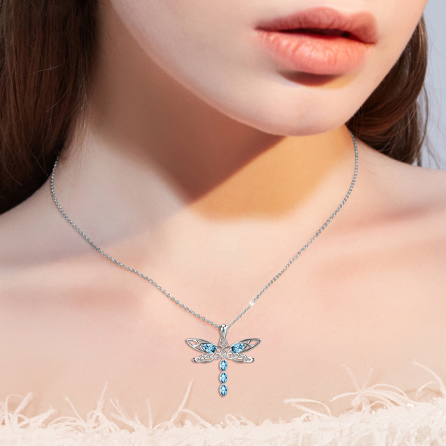 Sterling Silver Oval Shaped Crystal Dragonfly & Celtic Knot Pendant Necklace-2