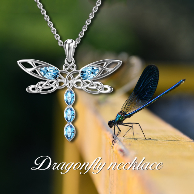 Sterling Silver Oval Shaped Crystal Dragonfly & Celtic Knot Pendant Necklace-3