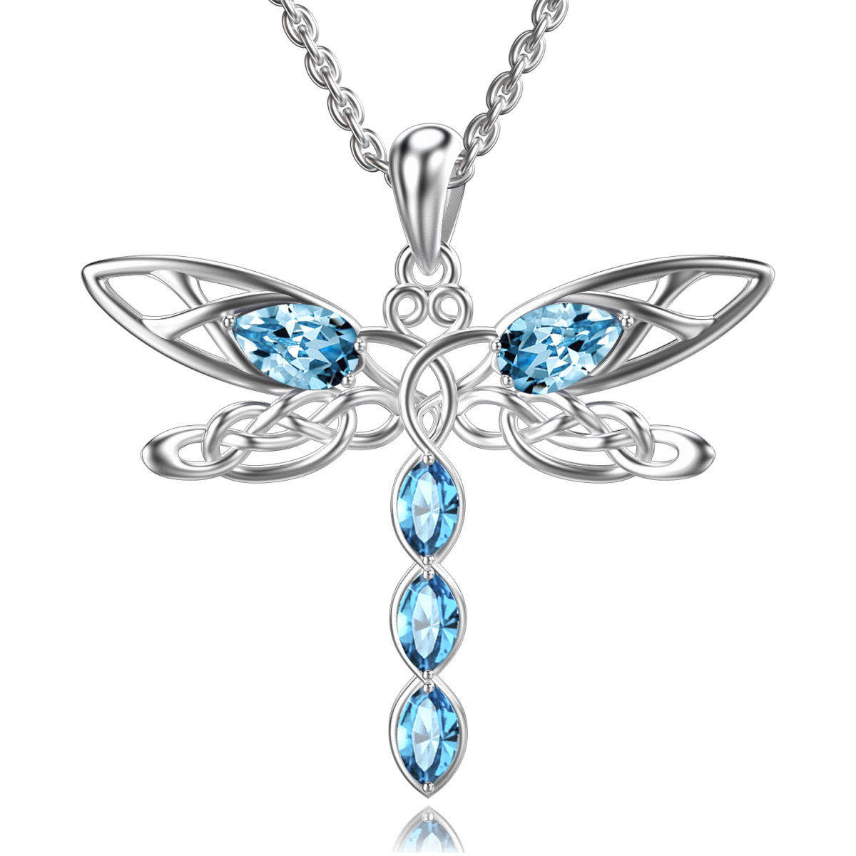 Sterling Silver Oval Shaped Crystal Dragonfly & Celtic Knot Pendant Necklace-1