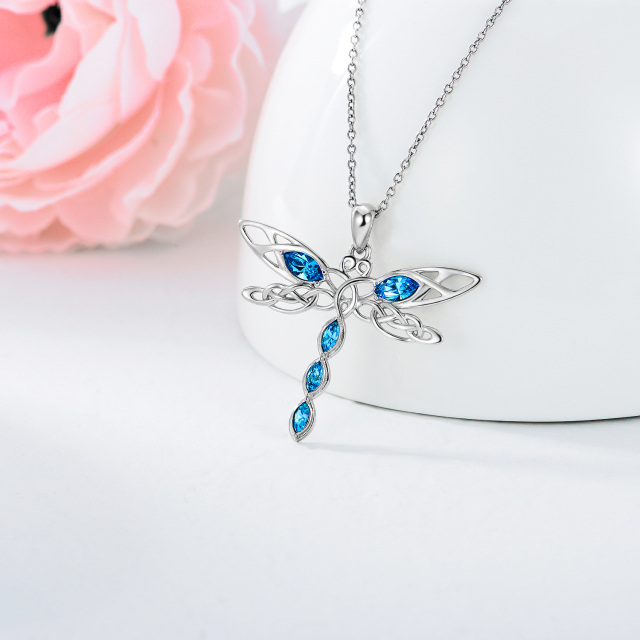 Sterling Silver Oval Shaped Crystal Dragonfly & Celtic Knot Pendant Necklace-4