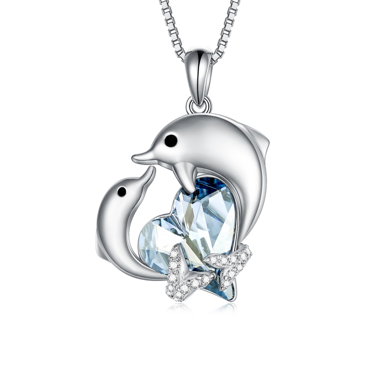 Sterling Silber Herz geformt Kristall Delfin & Herz Anhänger Halskette-1