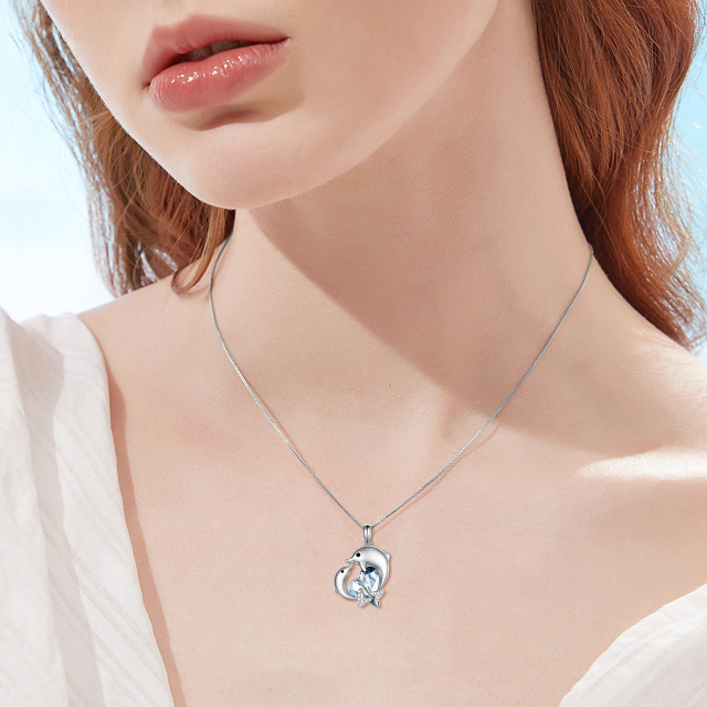Sterling Silver Heart Shaped Crystal Dolphin & Heart Pendant Necklace-2