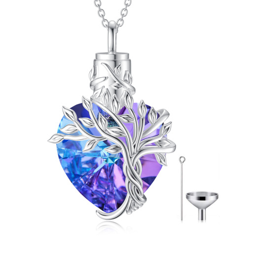 Urnen-Halskette „Baum des Lebens“ aus Sterlingsilber für Asche mit lila Herz-Kristall-Schmuck