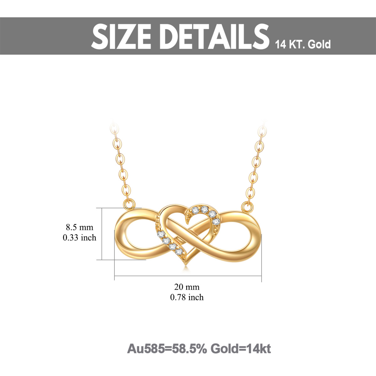 14K Gold Cubic Zirkonia Herz & Unendlichkeit Symbol Anhänger Halskette-6