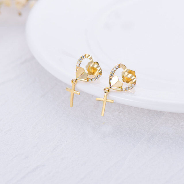 14K Gold Cubic Zirconia Cross & Heart Stud Earrings-3