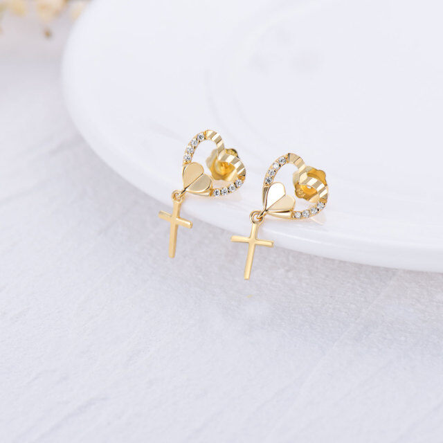 Aretes de oro de 14 quilates con circonita cúbica y forma de cruz en forma de corazón-3