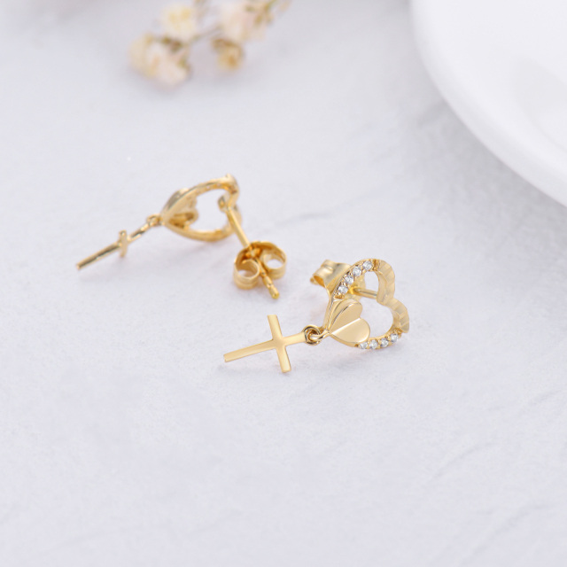 14K Gold Cubic Zirconia Cross & Heart Stud Earrings-4
