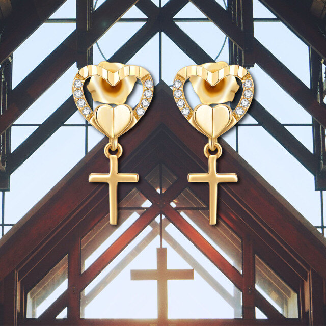 14K Gold Cubic Zirconia Cross & Heart Stud Earrings-6