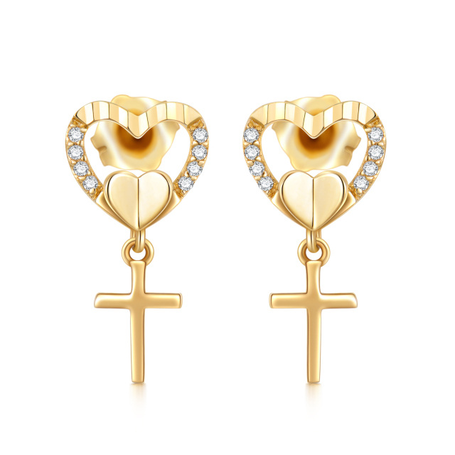 14K Gold Cubic Zirconia Cross & Heart Stud Earrings-1