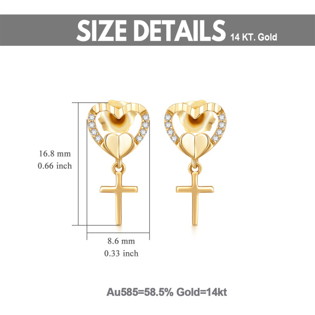 Orecchini a bottone con cuore a forma di croce in oro 14 carati con zirconi cubici-5