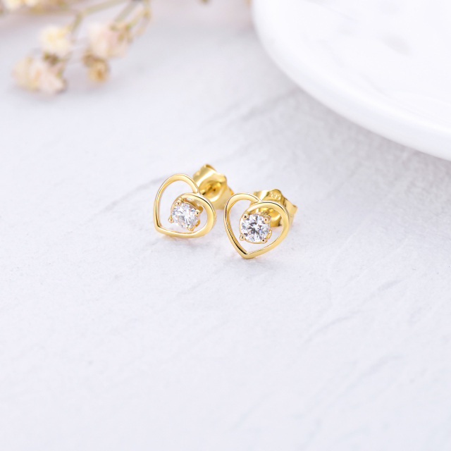 14K Gold Cubic Zirconia Heart Stud Earrings-3