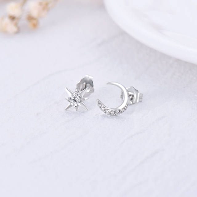 14k White Gold With Cubic Zirconia Moon and North Star Earrings for Women-3