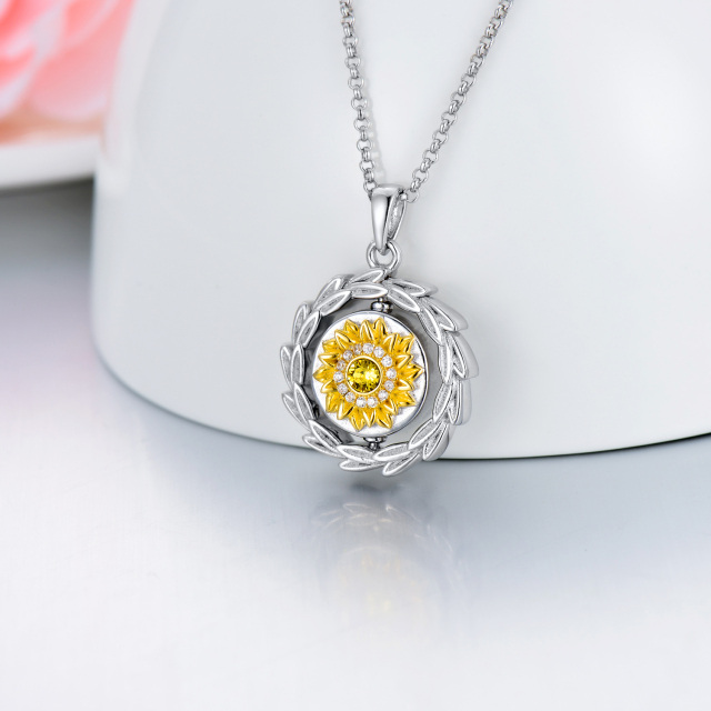 Sterling Silver Two-tone Circular Shaped Crystal Sunflower Urn Necklace for Ashes with Engraved Word-3