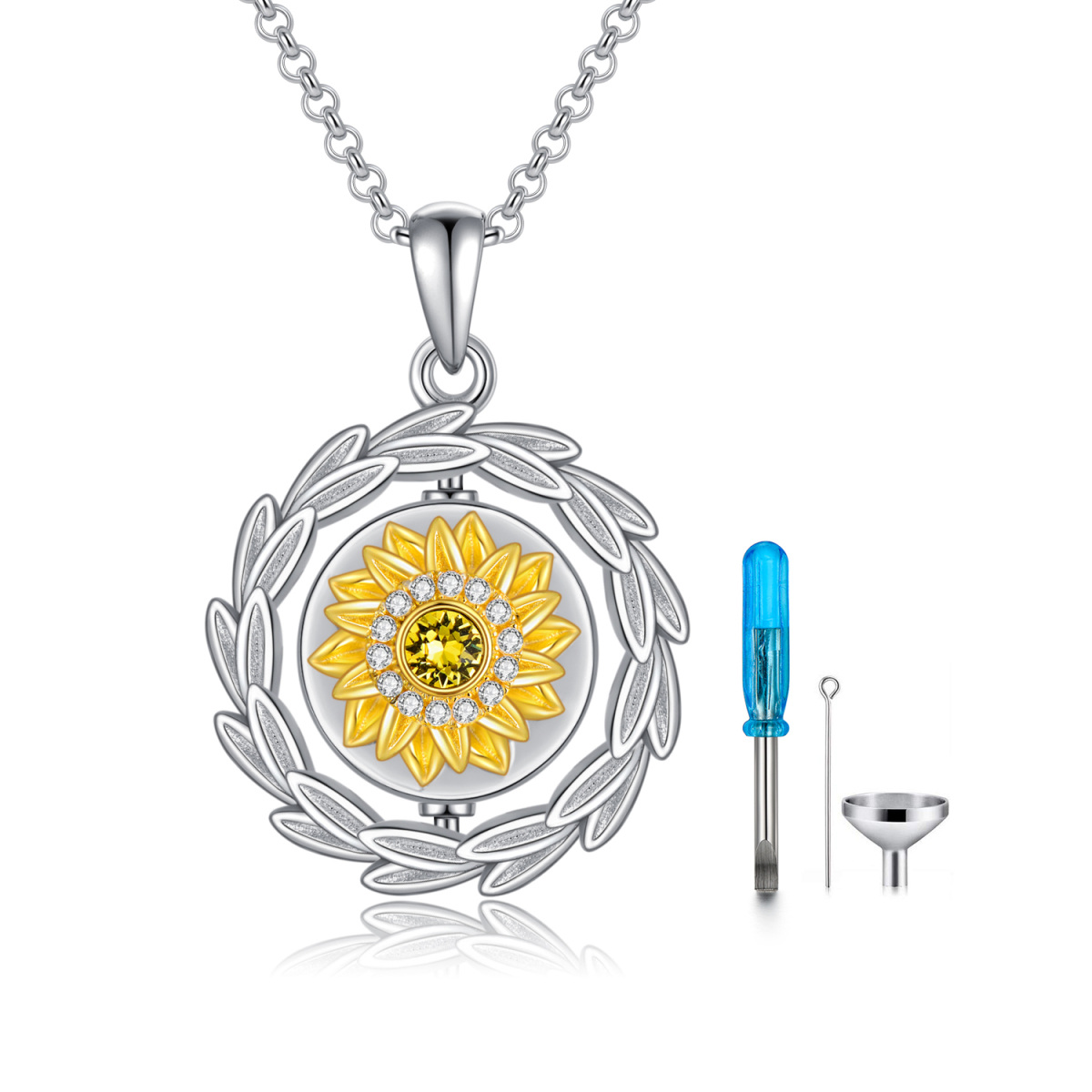 Sterling Silver Two-tone Circular Shaped Crystal Sunflower Urn Necklace for Ashes with Engraved Word-1