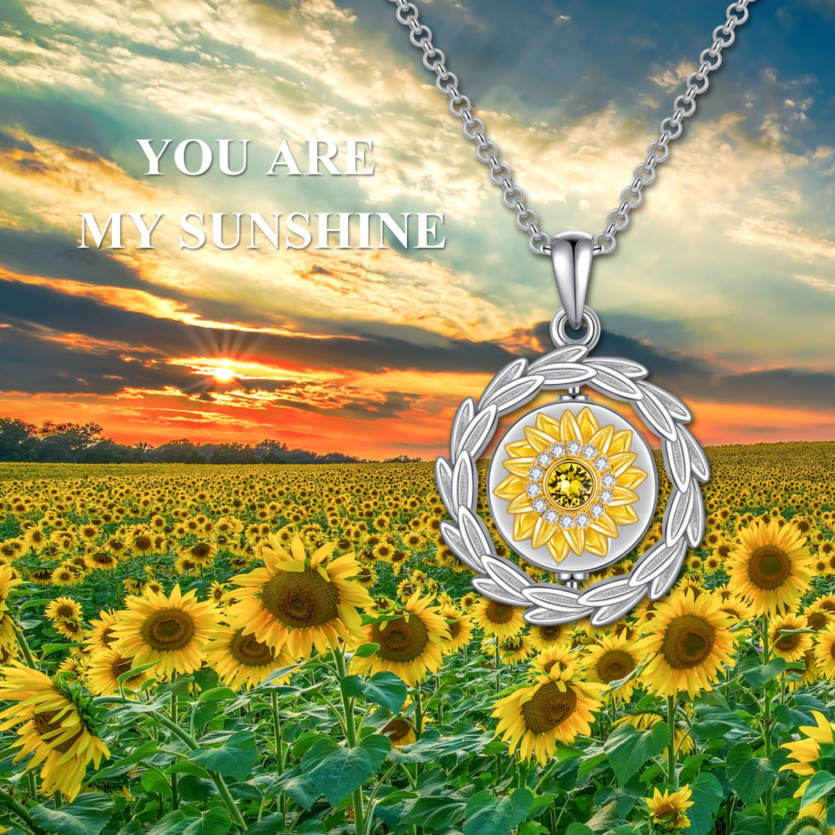 Sterling Silver Two-tone Circular Shaped Crystal Sunflower Urn Necklace for Ashes with Engraved Word-7