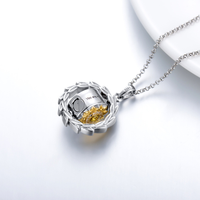 Sterling Silver Two-tone Circular Shaped Crystal Sunflower Urn Necklace for Ashes with Engraved Word-5