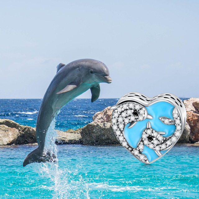 Sterling Silver Circular Shaped Cubic Zirconia Dolphin Bead Charm-4