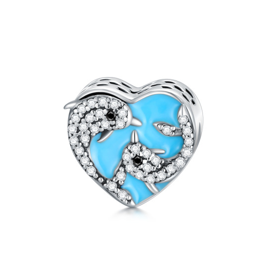 Sterling Silver Circular Shaped Cubic Zirconia Dolphin Bead Charm