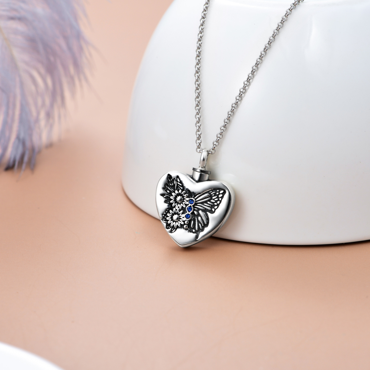 Sterling Silver Circular Shaped Crystal Butterfly & Sunflower & Heart Urn Necklace for Ashes with Engraved Word-3