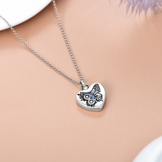 Sterling Silver Circular Shaped Crystal Butterfly & Sunflower & Heart Urn Necklace for Ashes with Engraved Word-4