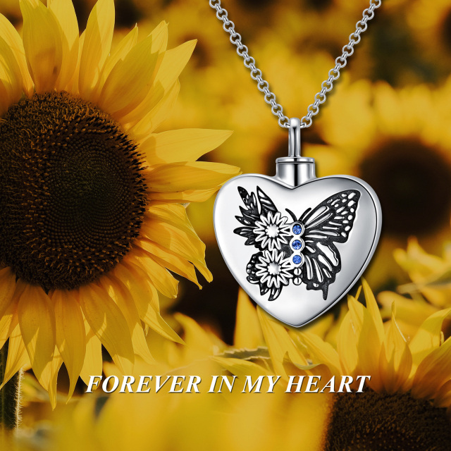 Sterling Silver Circular Shaped Crystal Butterfly & Sunflower & Heart Urn Necklace for Ashes with Engraved Word-7