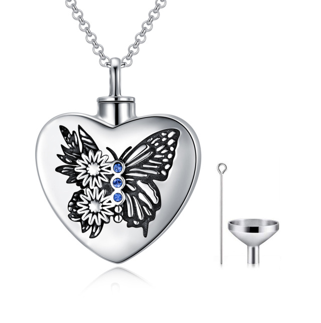 Sterling Silver Circular Shaped Crystal Butterfly & Sunflower & Heart Urn Necklace for Ashes with Engraved Word-1