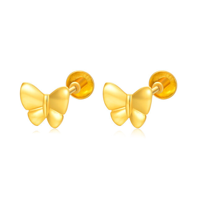 18K Yellow Gold Butterfly Screw Back Stud Earrings-1