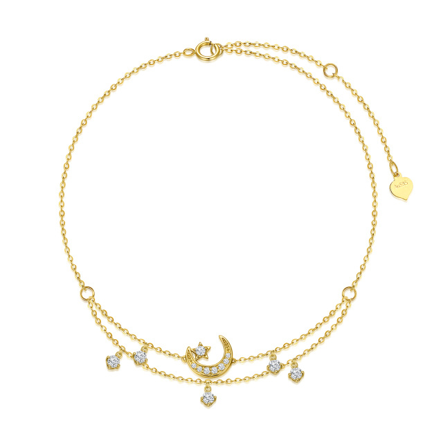 Bracelet de cheville multicouche en or 14K à zircon cubique, lune et étoile-1