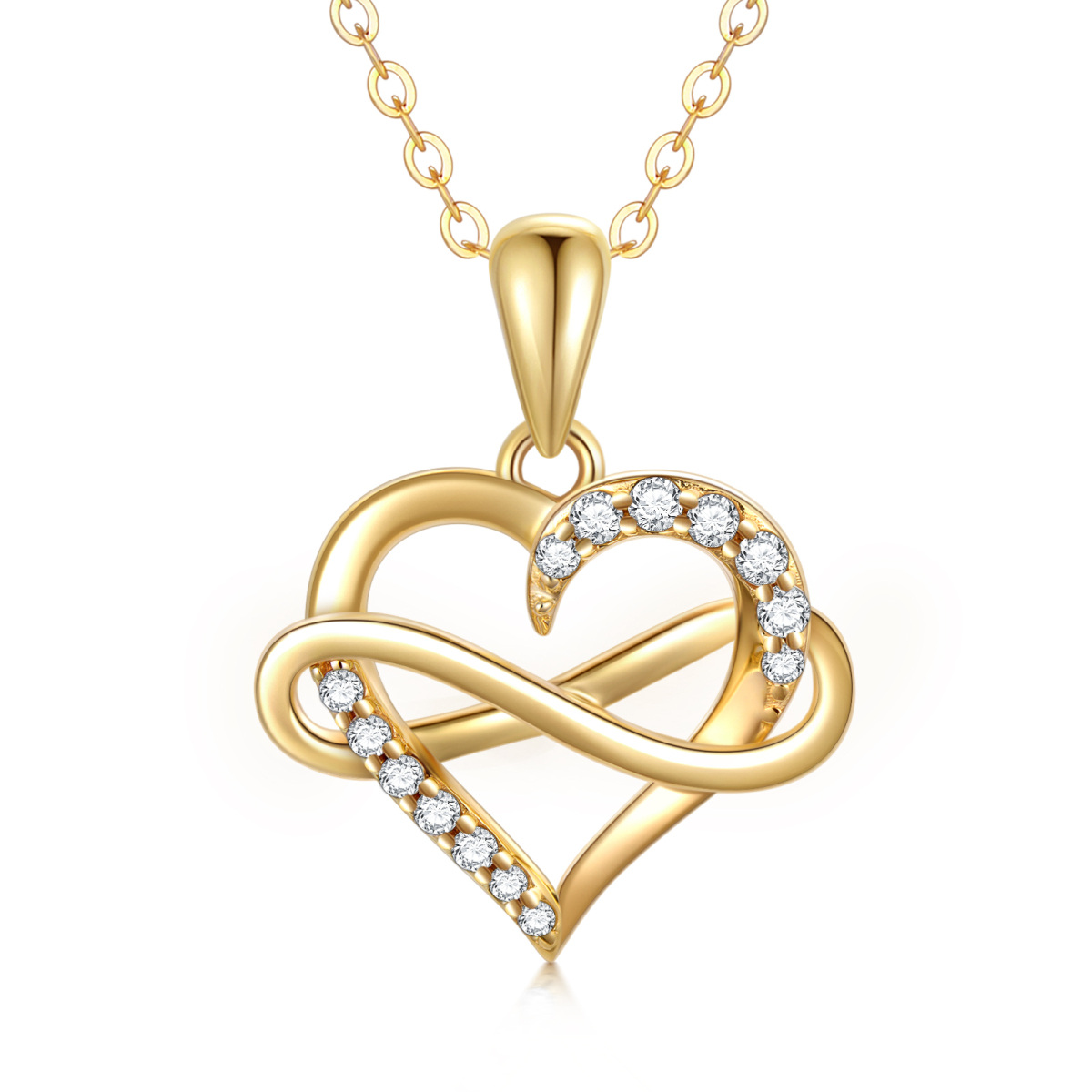 Collier en or 14K à pendentifs en zircon cubique avec symbole du coeur et de l'infini-1