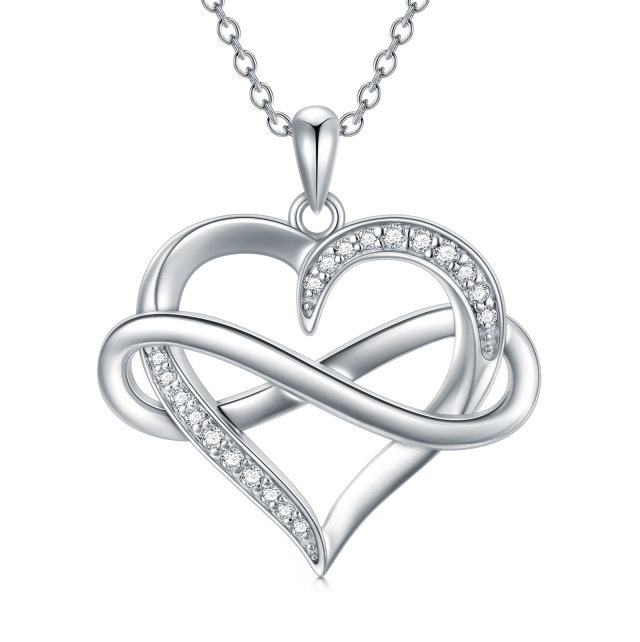 Sterling Silver Circular Shaped Diamond Heart & Infinity Symbol Pendant Necklace-1