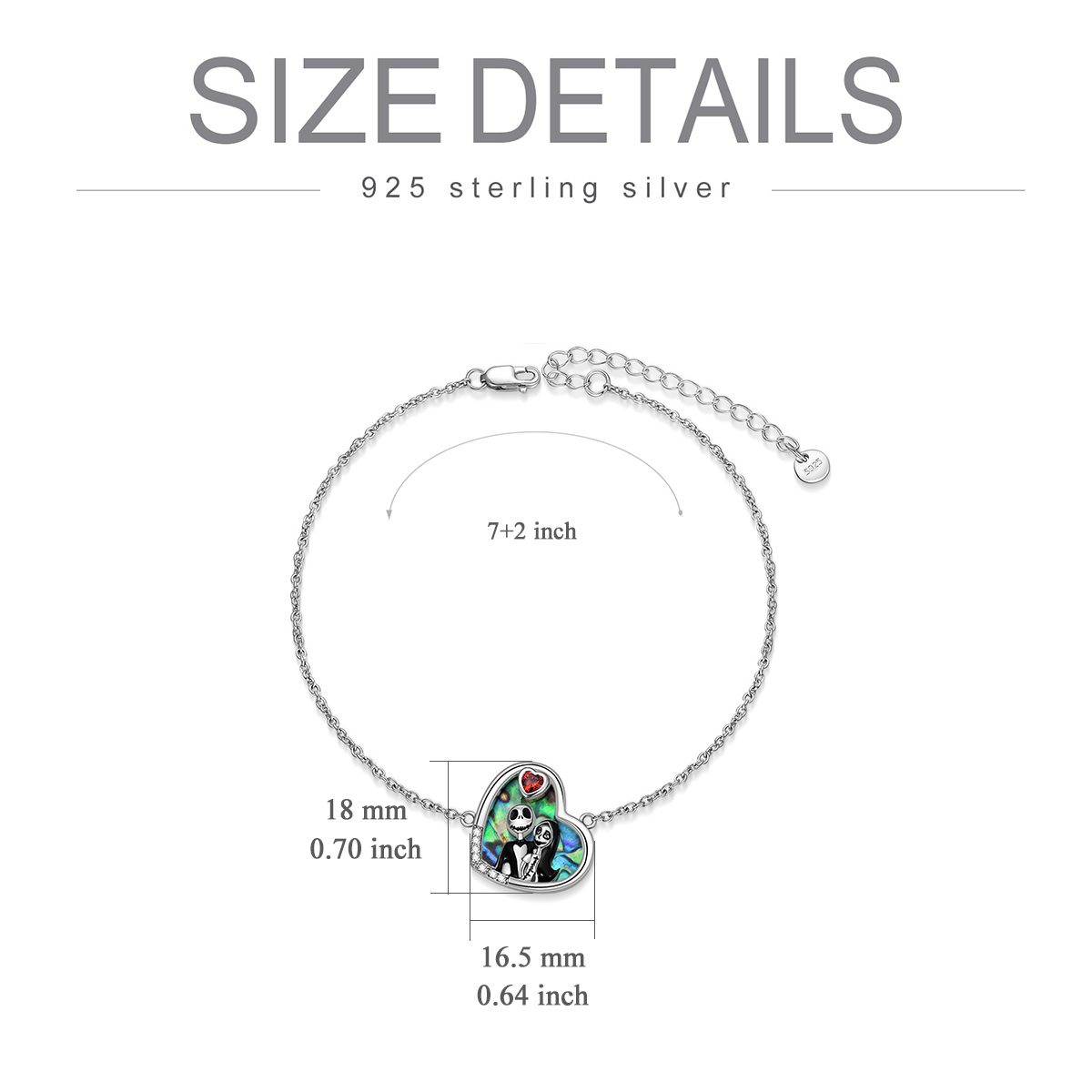 Sterling Silver Heart Shaped Abalone Shellfish Heart & Skeleton Pendant Bracelet-5