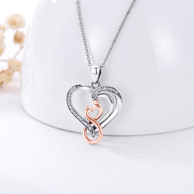 Sterling Silver Two-tone Circular Shaped Cubic Zirconia Heart & Infinity Symbol Pendant Necklace-2