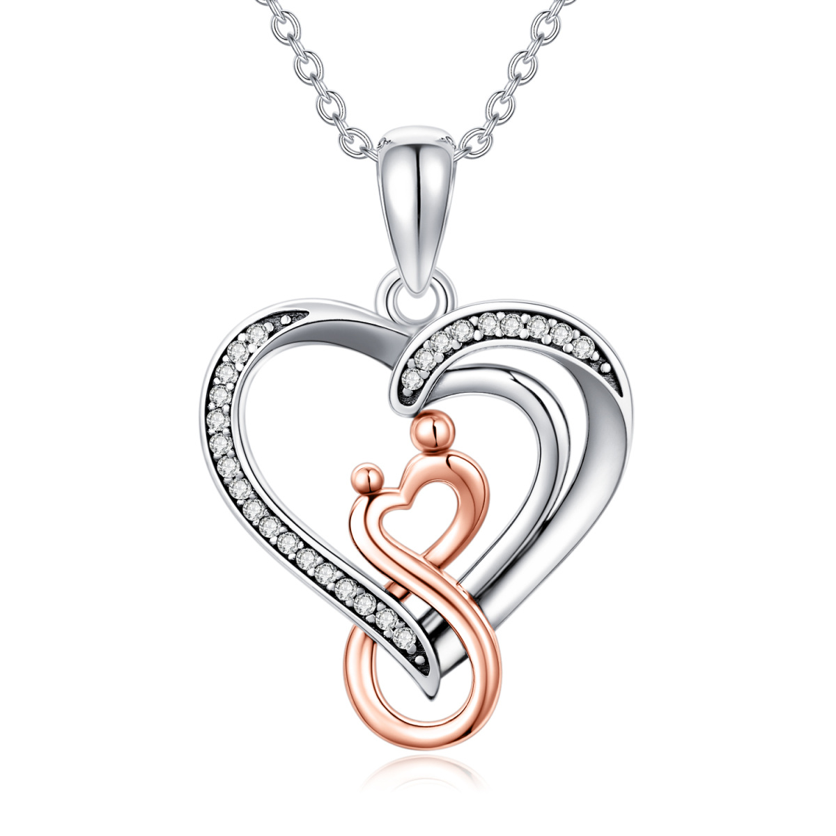 Sterling Silver Two-tone Circular Shaped Cubic Zirconia Heart & Infinity Symbol Pendant Necklace-1