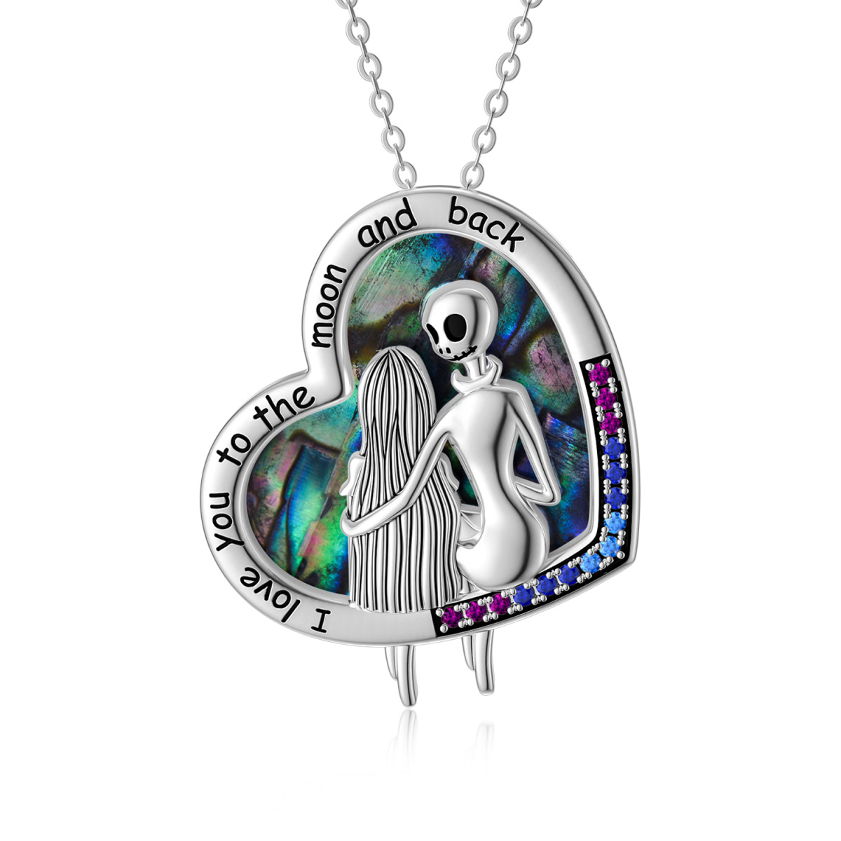 Sterling Silver Circular Shaped & Heart Shaped Abalone Shellfish & Cubic Zirconia Heart & Skeleton Pendant Necklace with Engraved Word-1