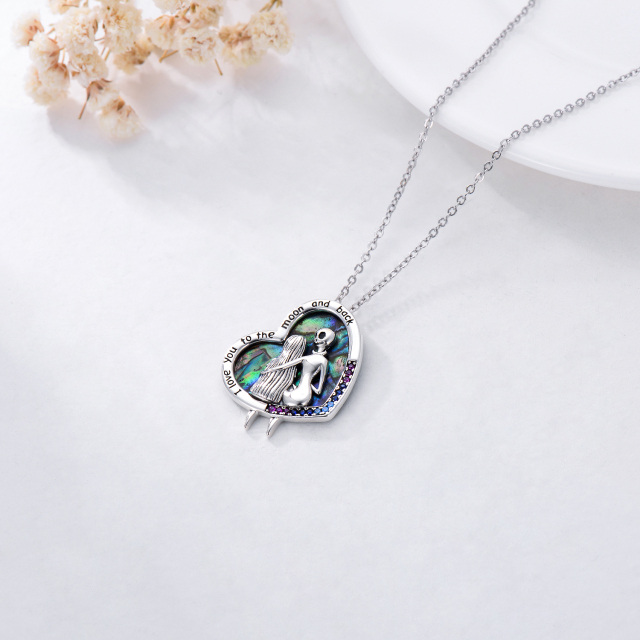 Sterling Silver Circular Shaped & Heart Shaped Abalone Shellfish & Cubic Zirconia Heart & Skeleton Pendant Necklace with Engraved Word-3