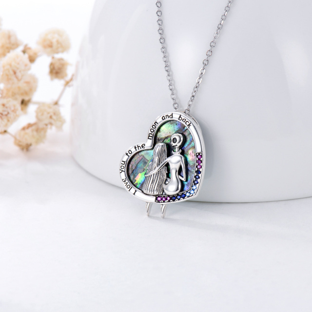Sterling Silver Circular Shaped & Heart Shaped Abalone Shellfish & Cubic Zirconia Heart & Skeleton Pendant Necklace with Engraved Word-2