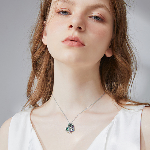 Sterling Silver Circular Shaped & Heart Shaped Abalone Shellfish & Cubic Zirconia Heart & Skeleton Pendant Necklace with Engraved Word-1