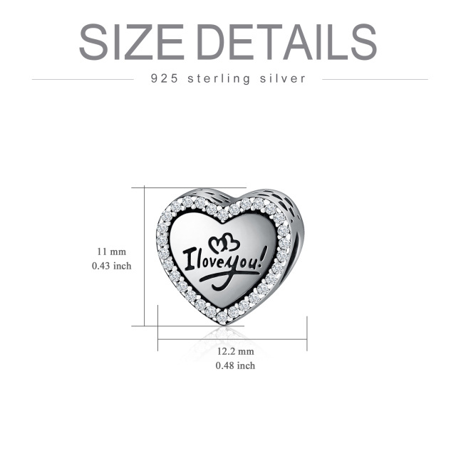 Sterling Silver Round Zircon Heart Bead Charm with Engraved Word-4