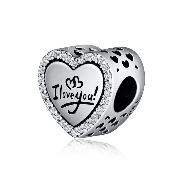Sterling Silver Round Zircon Heart Bead Charm with Engraved Word-0