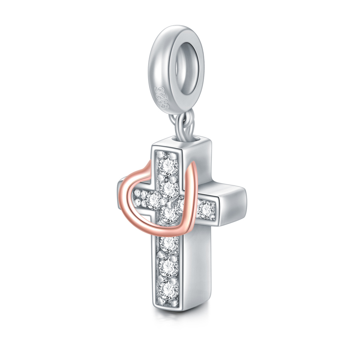 Sterling Silver Two-tone Circular Shaped Cubic Zirconia Cross & Heart Dangle Charm with Engraved Word-5