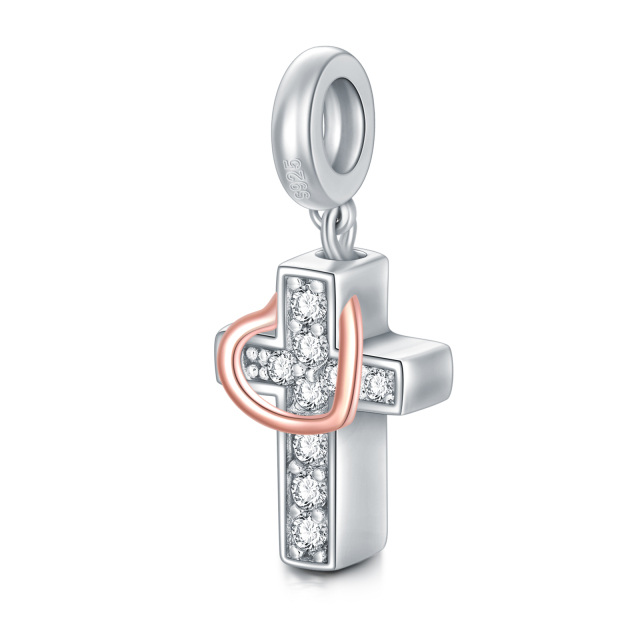 Sterling Silver Two-tone Circular Shaped Cubic Zirconia Cross & Heart Dangle Charm with Engraved Word-4
